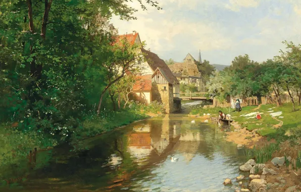 Picture 1874, Austrian painter, Austrian landscape painter, oil on canvas, Hugo Darnaut, Village on the river, …