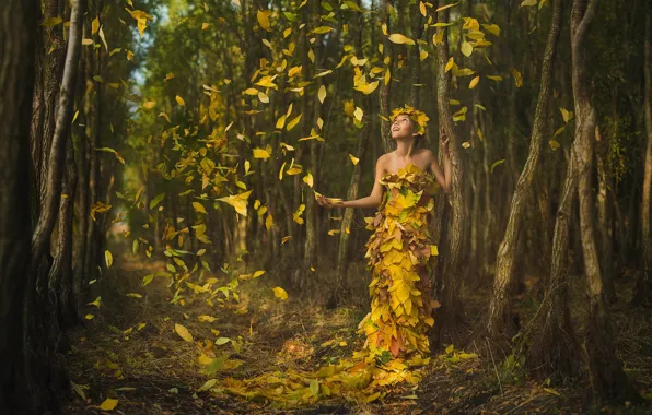 Picture autumn, leaves, joy, girl, Ivan Slavov