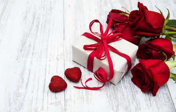 Picture white, background, holiday, gift, roses, hearts, Olena Rudo