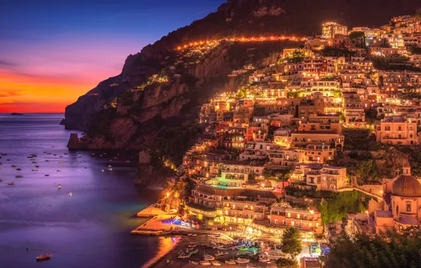 Picture sea, night, lights, home, Italy, panorama, Amalfi, Positano