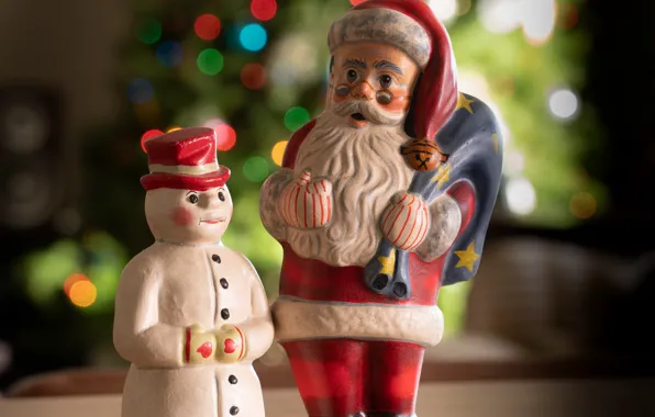 Picture holiday, toy, toys, two, Christmas, New year, snowman, Santa Claus, figures, bokeh, Christmas decorations, новогодние …