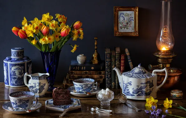 Picture flowers, style, tea, books, lamp, bouquet, kettle, Cup, tulips, cake, mugs, still life, cake, daffodils, …