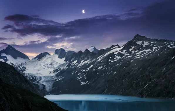Picture the sky, clouds, snow, mountains, nature, lake, rocks, the moon, the evening