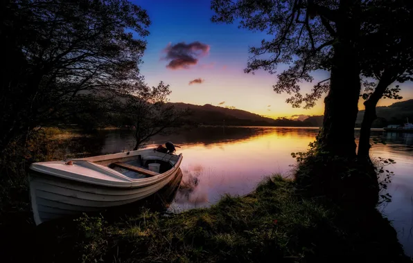 Picture landscape, sunset, nature, lake, boat, Scotland, Loch Shiel, Samuel Hess