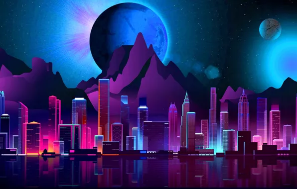 Picture light, mountains, the city, future, planet, neon, Neon, Retro Style, Futuristic City, фантастичский арт