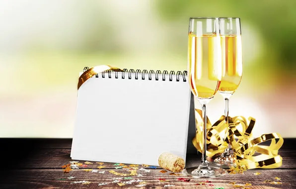 Picture glasses, New year, Notepad, champagne