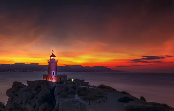 Picture sea, landscape, sunset, nature, rocks, lighthouse, the evening, Greece