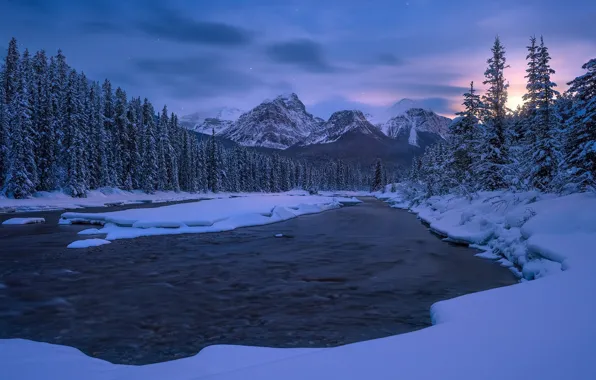 Picture winter, snow, landscape, mountains, night, nature, river, beauty