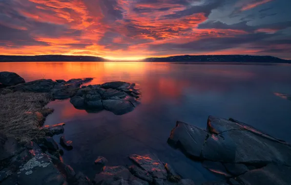 Picture mountains, lake, sunrise, stones, dawn, Norway, Norway, Lake Tyri, Tyrifjorden, Lake Tyrifjord