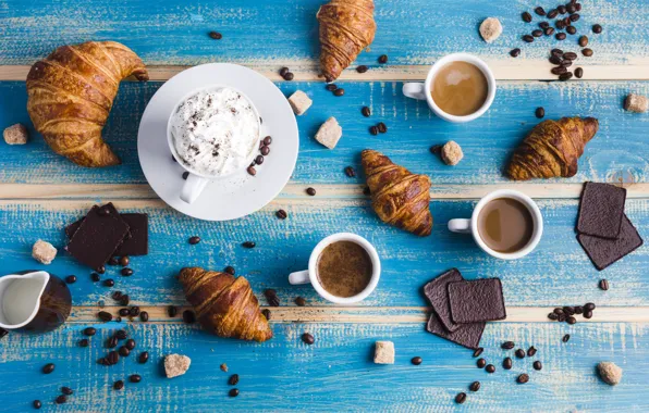 Picture coffee, chocolate, composition, croissants, whipped cream
