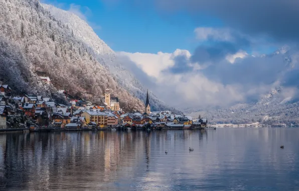 Picture winter, clouds, snow, landscape, nature, lake, Austria, forest, Hallstatt, municipality