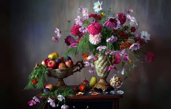 Picture flowers, apples, glass, table, vase, fruit, nuts, still life, plum, almonds, kosmeya, marigolds, dahlias, barocci, …