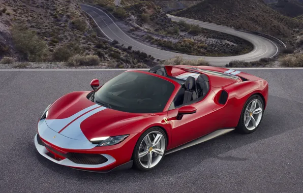 Picture Ferrari, Red, Mountain, Road, Sportcar, 2022, Assetto Fiorano, Ferrari 296 GTS, 296 GTS, Open Top, …