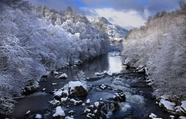 Picture winter, frost, snow, trees, landscape, mountains, nature, river, stones, Scotland