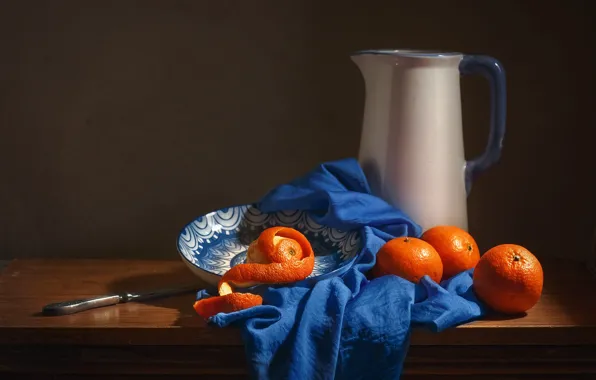 Picture table, oranges, knife, fabric, pitcher, still life, blue, saucer, peel, tangerines, ceramics