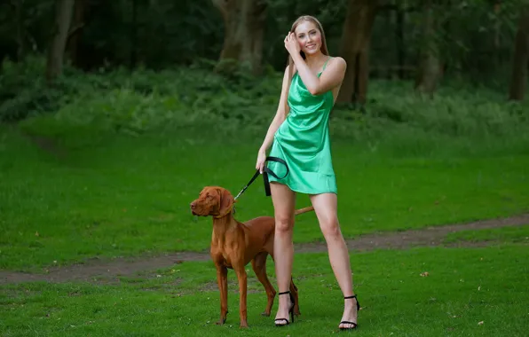 Picture girl, nature, pose, hair, dog, dress, legs, beautiful