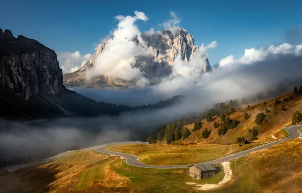 Picture road, clouds, landscape, mountains, nature, house, Alps, Александр Безмолитвенный