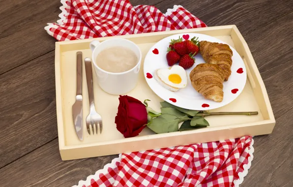 Picture berries, rose, coffee, strawberry, romantic, croissants, Breakfast