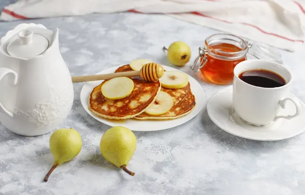 Picture coffee, Breakfast, kettle, Cup, pear, honey, pear, pancakes