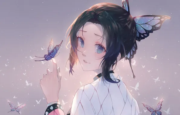 Picture butterfly, anime, Anime, Kimetsu no Yaiba, голубоглазая девочка, Shinobu Kocho