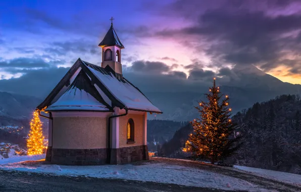 Picture landscape, mountains, nature, new year, Bayern, tree, twilight, chapel, Watzmann
