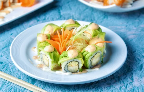Picture table, food, sticks, plate, blue background, sushi, salad, rolls, submission, serving, азиаткая кухня