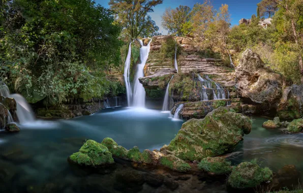 Picture trees, river, stones, France, moss, waterfalls, cascade, France, Cascade de Navacelles, Vis River, Водопад Навасель, …