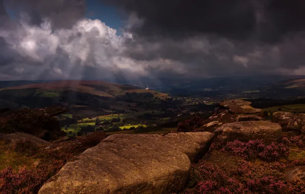 Picture the sky, clouds, rays, light, flowers, mountains, clouds, stones, rocks, view, field, England, height, dal, …