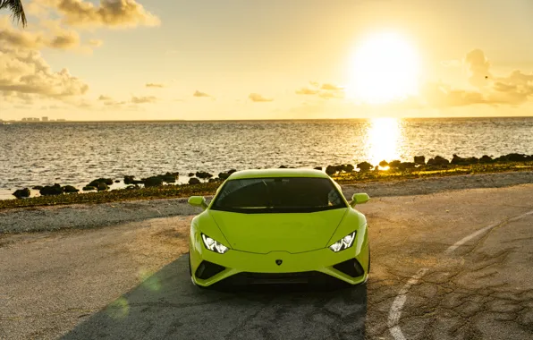 Picture Lamborghini, Green, Sunset, Sea, VAG, Huracan