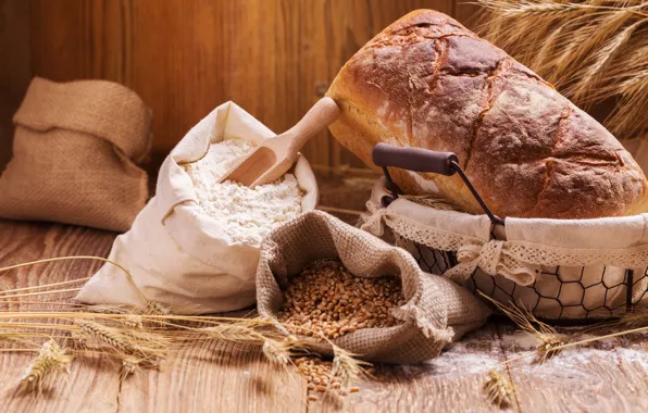 Picture wheat, bread, ears, bags, cakes, grain, flour, scoop
