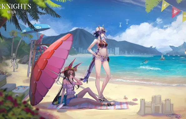 Picture beach, summer, girls, Arknights, Amiya, Ifrit, Ch in
