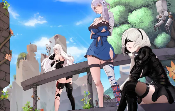 Picture robot, sky, anime, clouds, Nier, women, anime girls, Nier: Automata, A2 Nier: Automata, 2B Nier: …