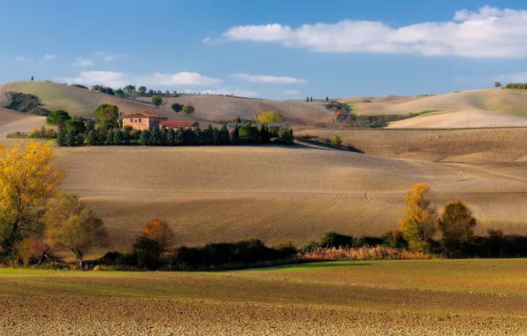 Picture field, autumn, clouds, trees, nature, comfort, house, blue, hills, calm, field, Italy, mansion, meadows, shrubs, …