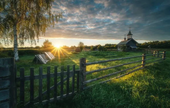 Picture summer, the sun, rays, landscape, nature, dawn, morning, Church, national Park, Kenozerie, Arkhangelsk oblast, Rev …