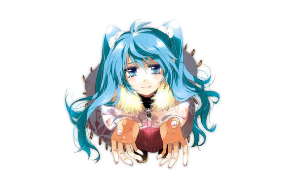 Picture face, white background, vocaloid, Hatsune Miku, Vocaloid, blue hair, art, stretched his arms, Marirero