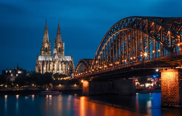 Picture the sky, night, bridge, lights, river, the evening, Germany, pier, temple, street lights