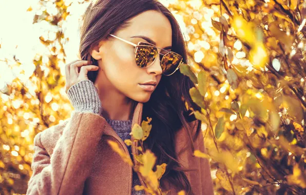 Picture autumn, leaves, branches, pose, model, portrait, makeup, glasses, hairstyle, brown hair, coat, yellow, bokeh, jumper