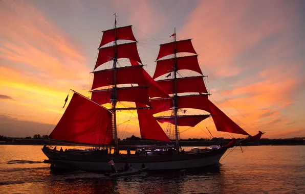 Picture sailboat, the evening, scarlet sails