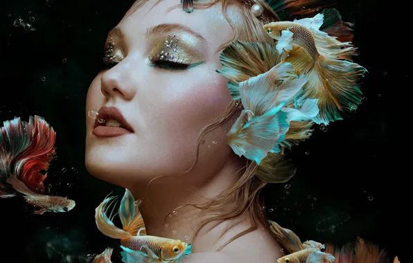 Picture girl, fish, face, style, background, makeup, closed eyes, Bella Kotak