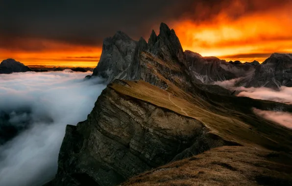 Picture clouds, sunset, mountains, fog, rocks, tops, height