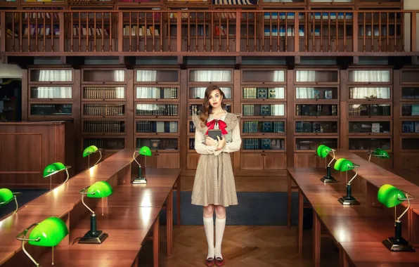 Picture look, girl, pose, books, tables, form, library, lamps, cabinets, Anastasia Barmina