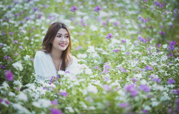 Picture field, summer, girl, flowers, nature, face, smile, Park, glade, portrait, garden, brown hair, pink, Asian, …
