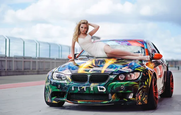 Picture auto, look, Girls, BMW, beautiful girl, posing on the hood