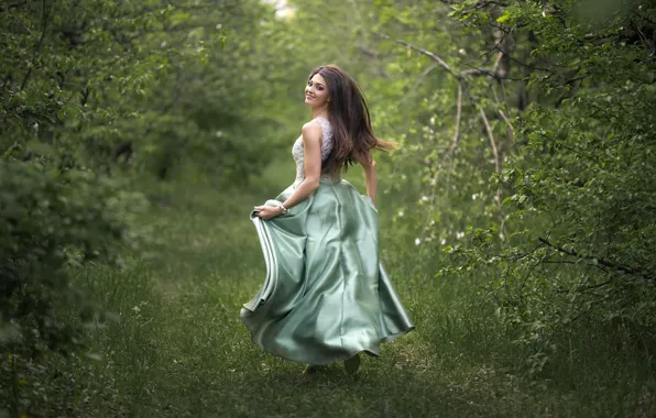 Picture greens, forest, grass, trees, smile, Park, mood, makeup, dress, hairstyle, brown hair, beauty, nature, bokeh, …