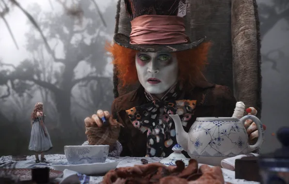Picture Johnny Depp, the tea party, Alice in Wonderland, Mad Hatter, Johnny Depp, mad Hatter, fog …