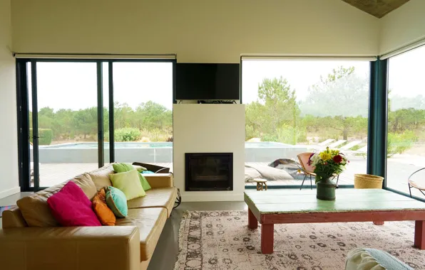 Picture interior, pool, fireplace, terrace, living room, бесшовный интерфейс, соединяет интерьер с наружным пространством, Вилла Парви …