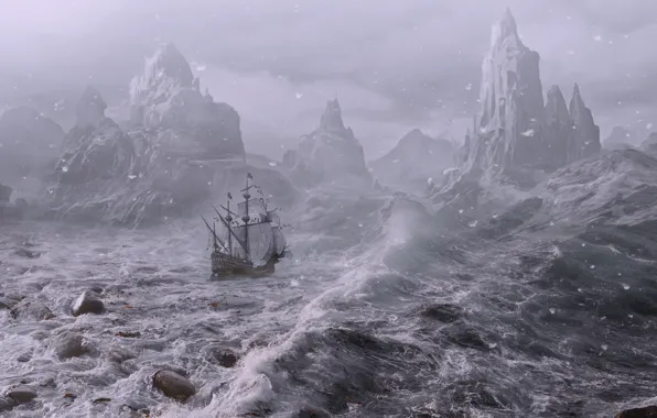 Picture sea, wave, snow, mountains, storm, fog, stones, rendering, rocks, element, ship, sailboat, haze, sails, the …