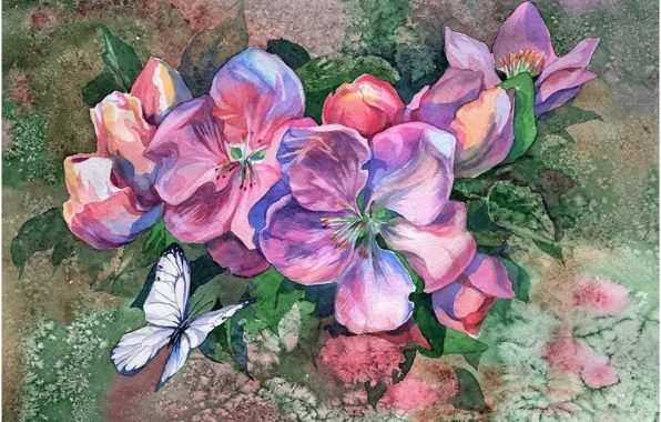 Picture flowers, background, butterfly, picture, watercolor, painting, Apple blossoms, the watercolor drawing, the blur of colors