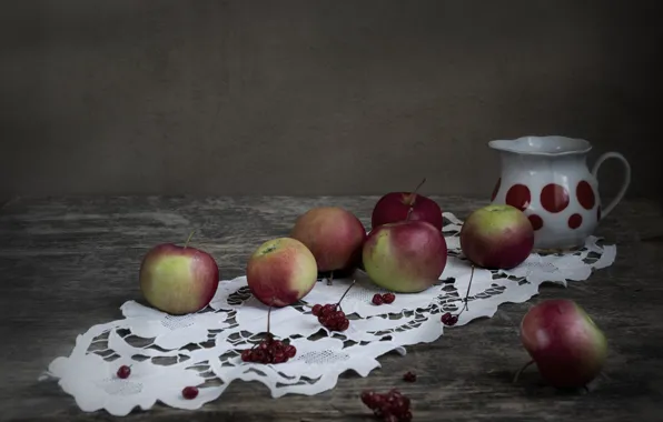 Picture table, apples, pitcher, still life, grey background, napkin
