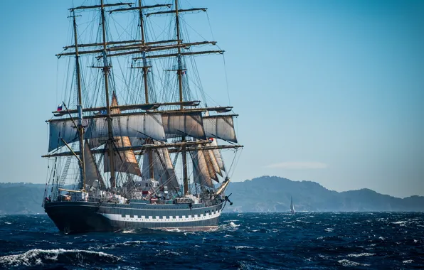 Picture sea, coast, ship, sailboat, sails, ocean, handsome, mast, Bark, морское учебное судно, Krusenstern